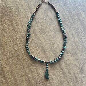 Natural Green Turquoise Necklace with Copper Beads and Jade Pendant